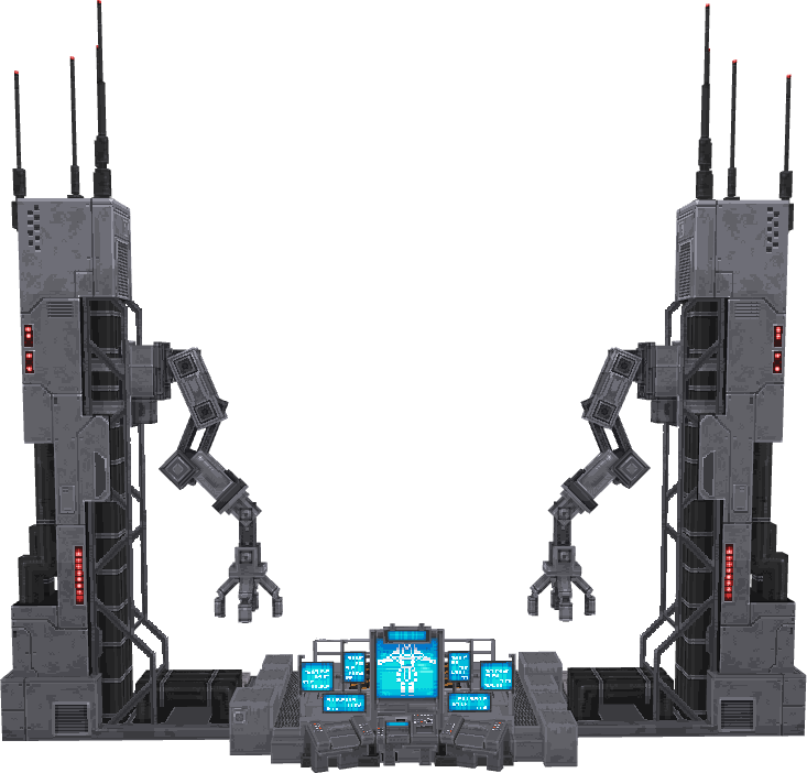 Complete Assembler: two towers with robotic arms flanking the monitor console