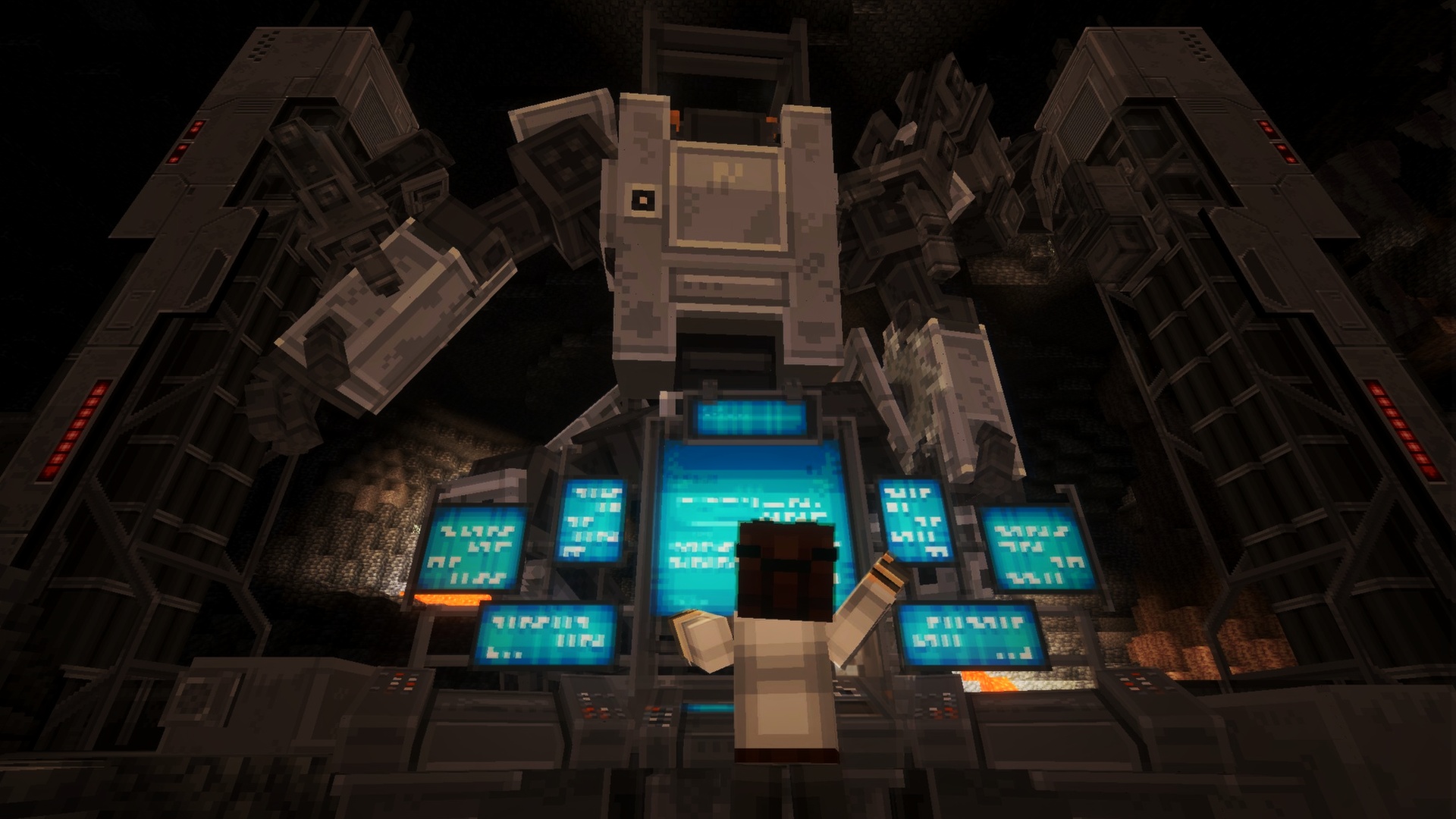 Player at the Assembler console, cyan screens glowing