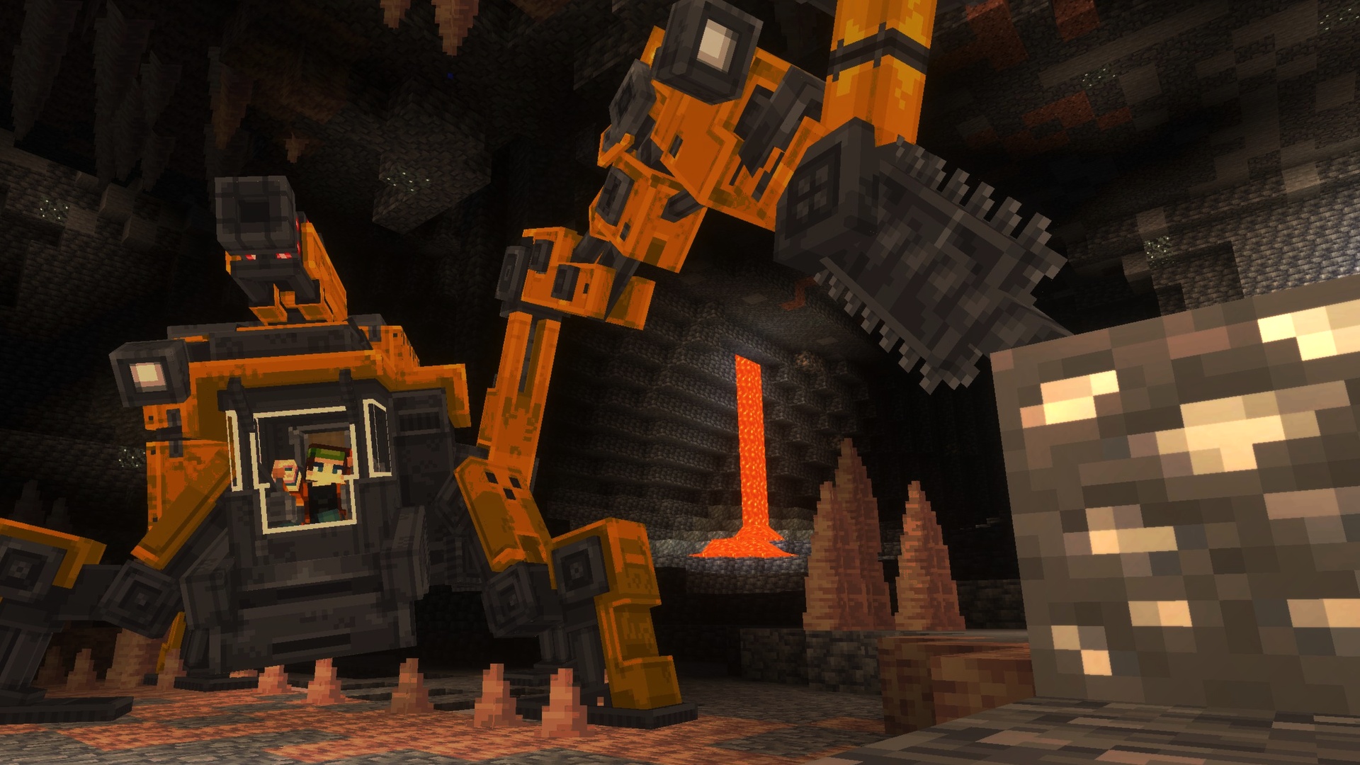 Excavator mech mining near lava