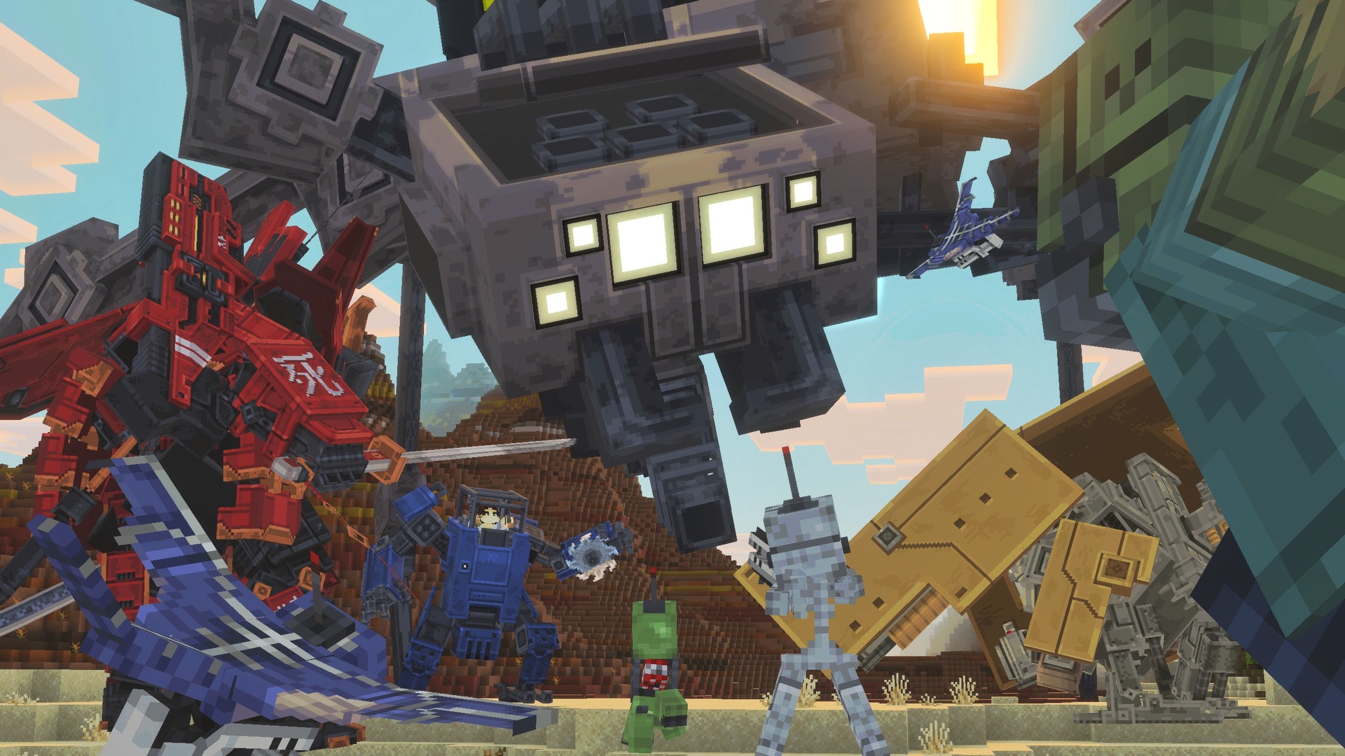 Group shot of all mechs in the desert