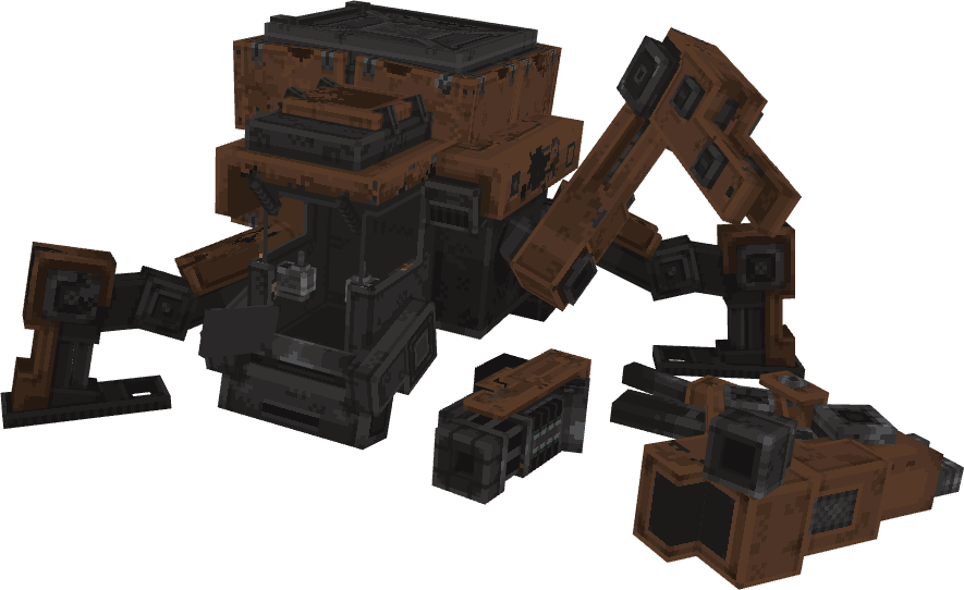 Wrecked Excavator collapsed in pieces, rusted brown